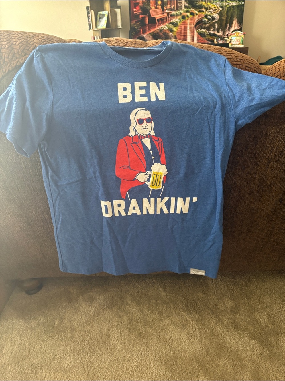 Tipsy Elves Blue 'Ben Drankin'' Graphic Tee with Red and Yellow Print